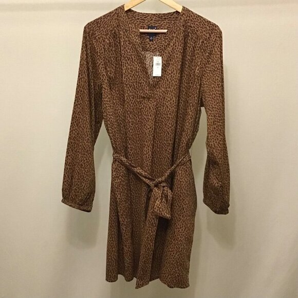 Gap XL NWT Leopard Animal Print Belted Long Sleeve Dress Brown Pockets - Picture 8 of 10
